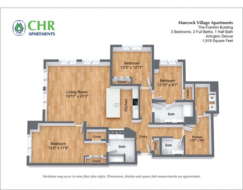 Floor plan for 3 beds, 2.5 baths, 1919 sqft